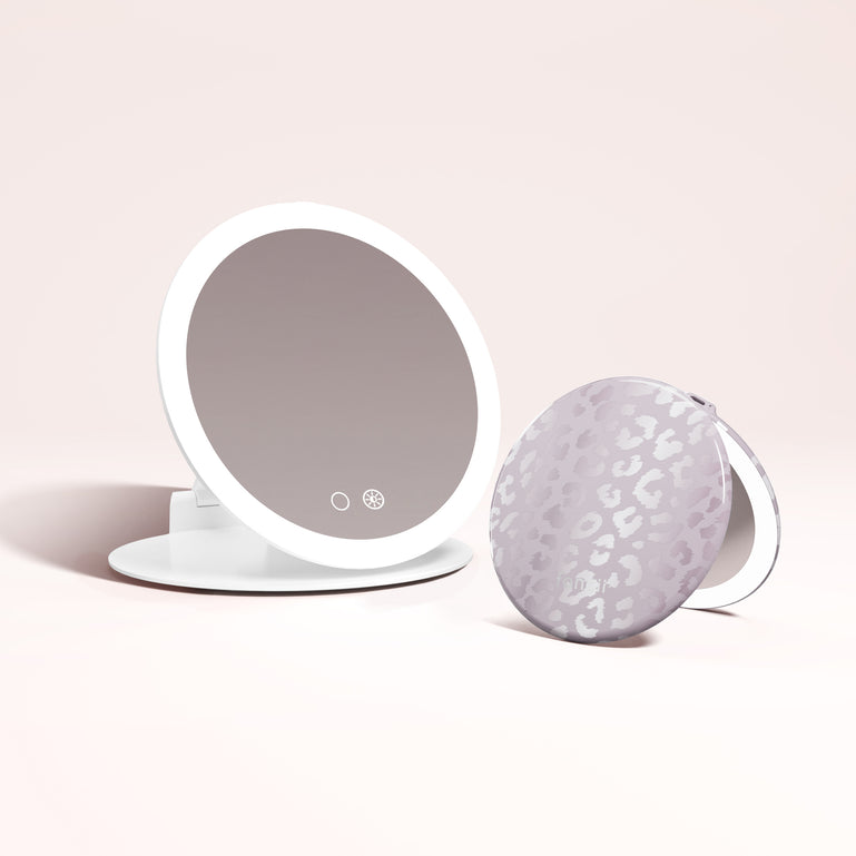 Abigail 10x Magnification Mirror, Taylor Lighted Compact Mirror in COSMIC LEOPARD by Fancii & Co. 1x + 10x Magnification, 3 dimmable light settings, travel mirror.