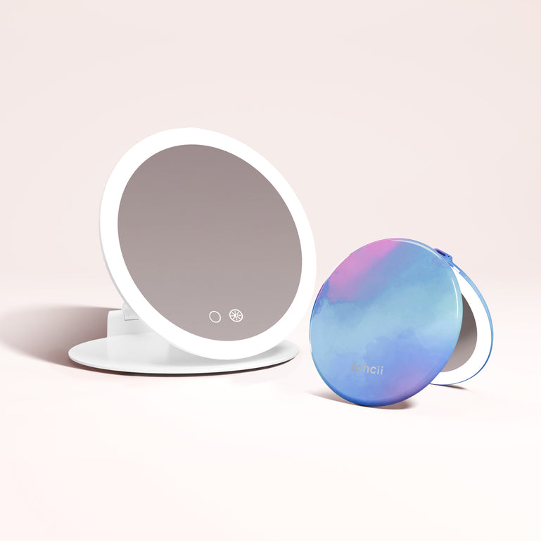 Abigail 10x Magnification Mirror, Taylor Lighted Compact Mirror in LAVENDER LAGOON by Fancii & Co. 1x + 10x Magnification, 3 dimmable light settings, travel mirror.