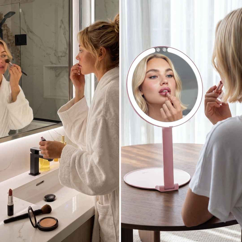 Fancii Abigail Travel Mirror with LED Lights Hero Extended and Folded Down In Use, Folds Out Anywhere for better lighting

Pink None