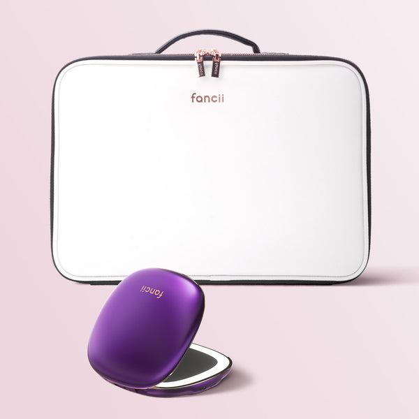 Madison makeup case for travel and Mila lighted compact mirror by Fancii and Co in Globetrotter Berry Crush