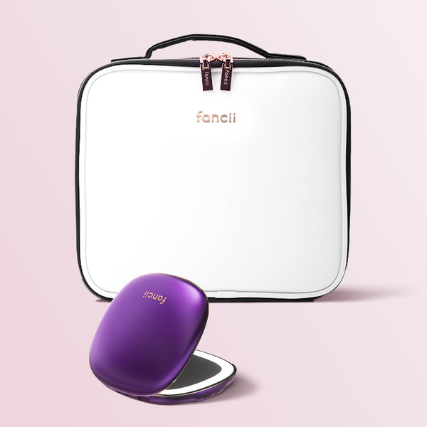 Madison makeup case for travel and Mila lighted compact mirror by Fancii and Co in Weekender Berry Crush