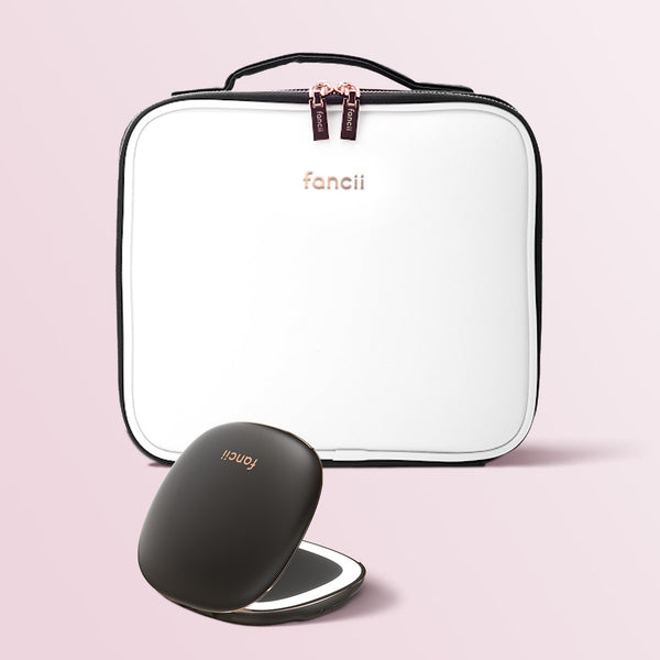 Madison makeup case for travel and Mila lighted compact mirror by Fancii and Co in Weekender Black