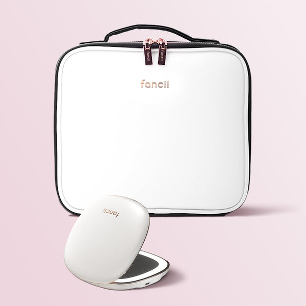 Madison makeup case for travel and Mila lighted compact mirror by Fancii and Co in Weekender White