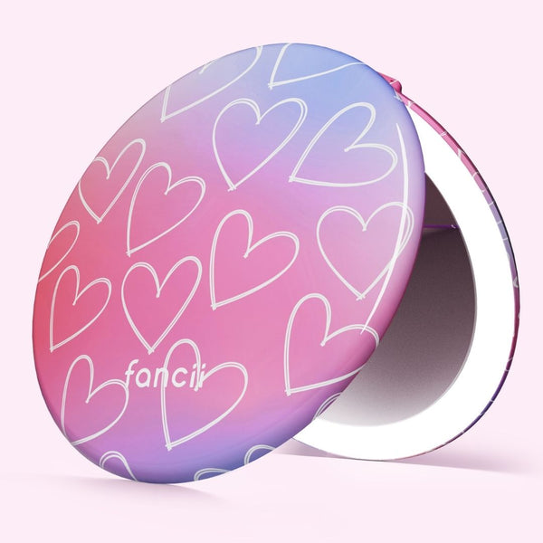 Abigail 10x Magnification Mirror, Taylor Lighted Compact Mirror in LOVESTRUCK by Fancii & Co. 1x + 10x Magnification, 3 dimmable light settings, travel mirror.