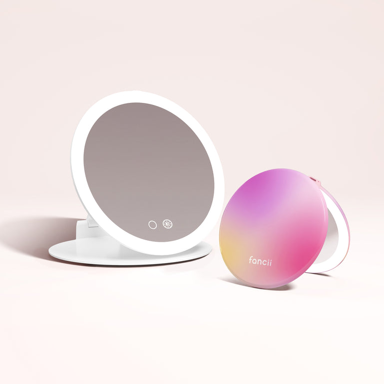 Abigail 10x Magnification Mirror, Taylor Lighted Compact Mirror in BERRY LEMONADE by Fancii & Co. 1x + 10x Magnification, 3 dimmable light settings, travel mirror.