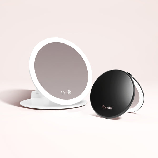 Abigail 10x Magnification Mirror, Taylor Lighted Compact Mirror in CHARCOAL CHIC by Fancii & Co. 1x + 10x Magnification, 3 dimmable light settings, travel mirror.