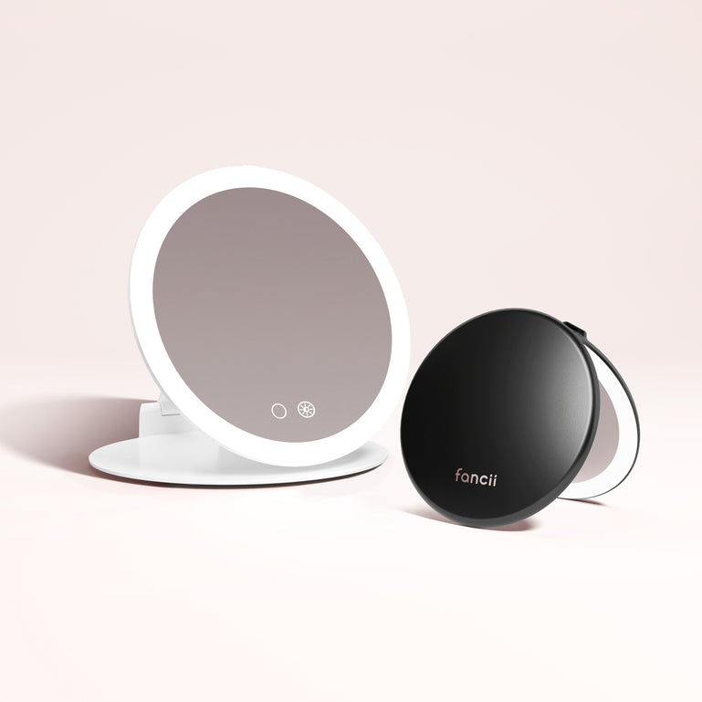 Abigail 10x Magnification Mirror, Taylor Lighted Compact Mirror in CHARCOAL CHIC by Fancii & Co. 1x + 10x Magnification, 3 dimmable light settings, travel mirror.