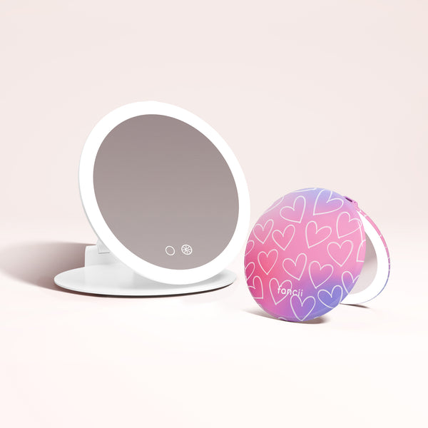 Abigail 10x Magnification Mirror, Taylor Lighted Compact Mirror in LOVESTRUCK by Fancii & Co. 1x + 10x Magnification, 3 dimmable light settings, travel mirror.