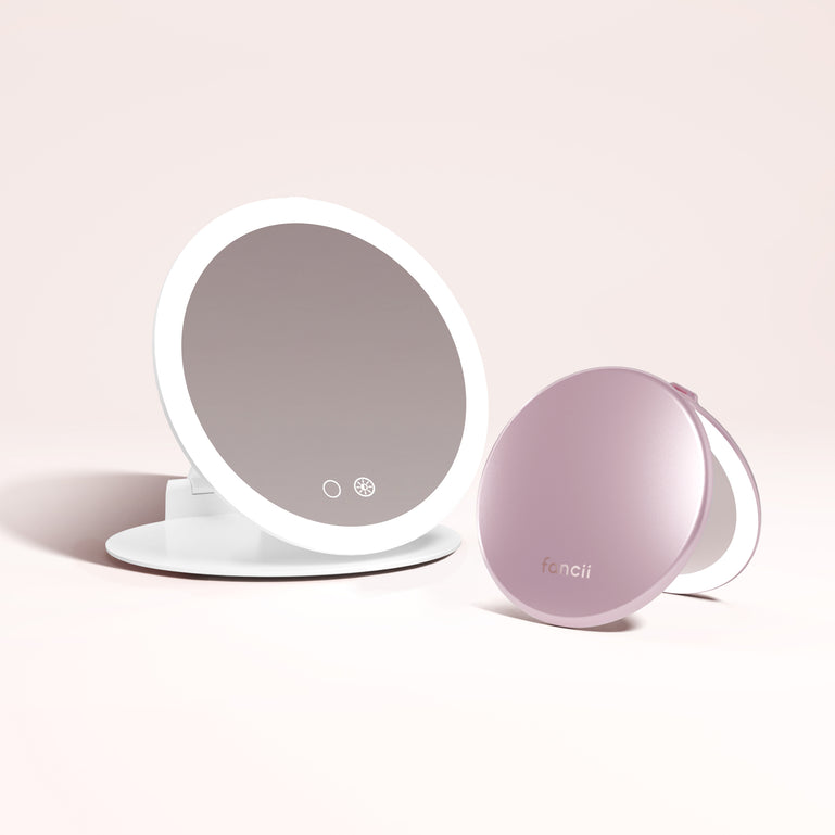 Abigail 10x Magnification Mirror, Taylor Lighted Compact Mirror in ROSE GOLD by Fancii & Co. 1x + 10x Magnification, 3 dimmable light settings, travel mirror.
