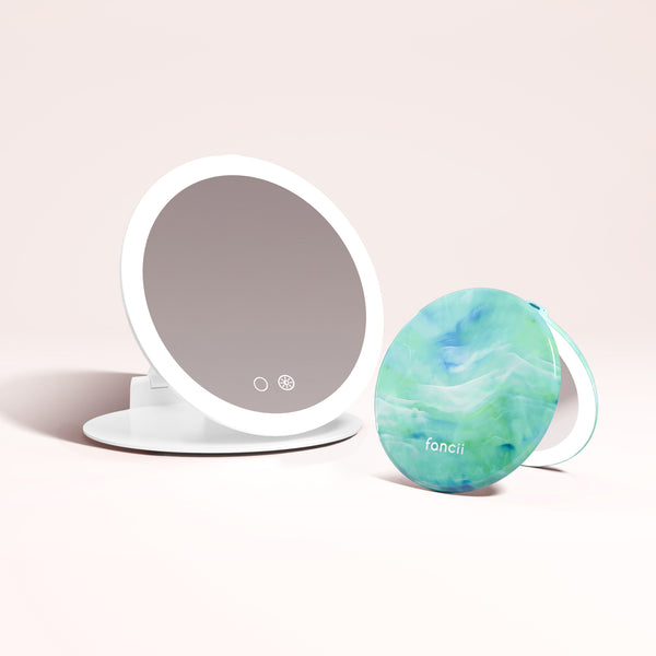 Abigail 10x Magnification Mirror, Taylor Lighted Compact Mirror in SEA SERENITY by Fancii & Co. 1x + 10x Magnification, 3 dimmable light settings, travel mirror.