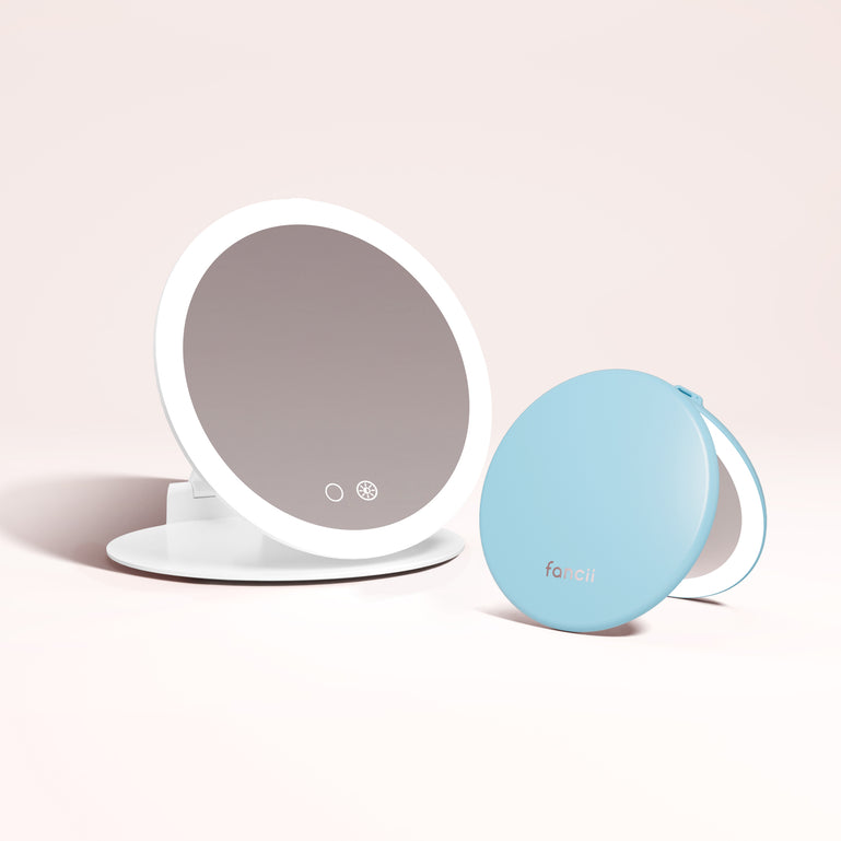 Abigail 10x Magnification Mirror, Taylor Lighted Compact Mirror in SOFT SKY by Fancii & Co. 1x + 10x Magnification, 3 dimmable light settings, travel mirror.