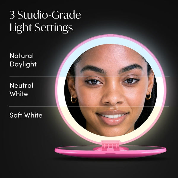 S.W.Smiley X Fancii & Co.  Lighted Charm Mirror with 1x and 10x magnification bag clip in Pink 