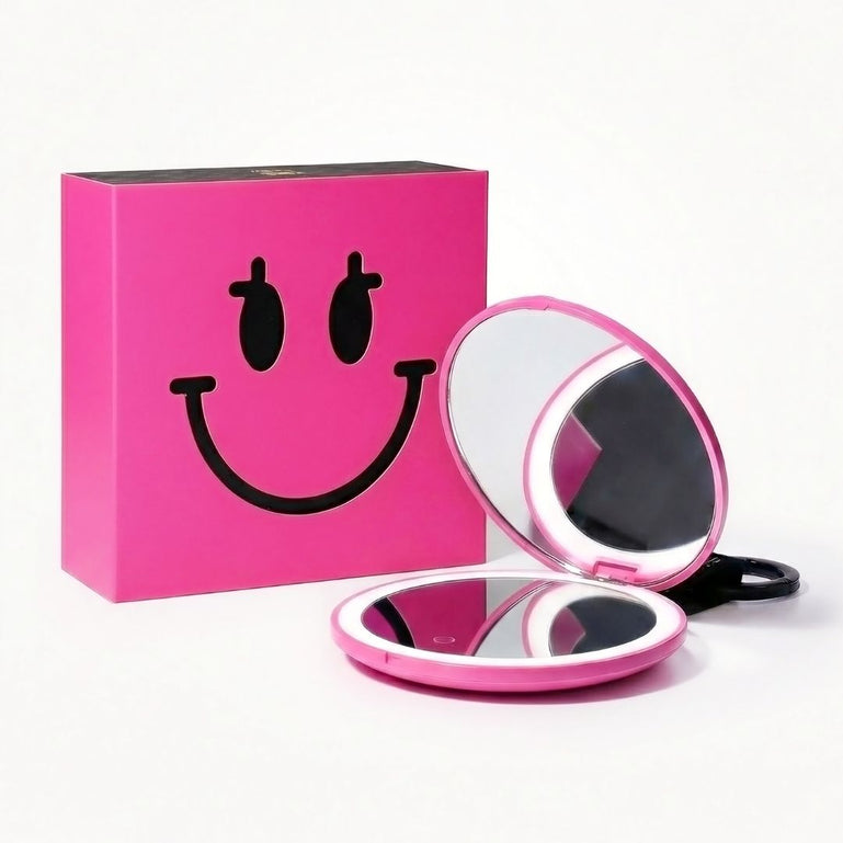 S.W.Smiley X Fancii & Co.  Lighted Charm Mirror with 1x and 10x magnification bag clip in Pink 