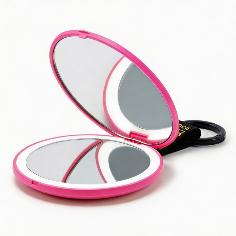 S.W.Smiley X Fancii & Co.  Lighted Charm Mirror with 1x and 10x magnification bag clip in Pink 