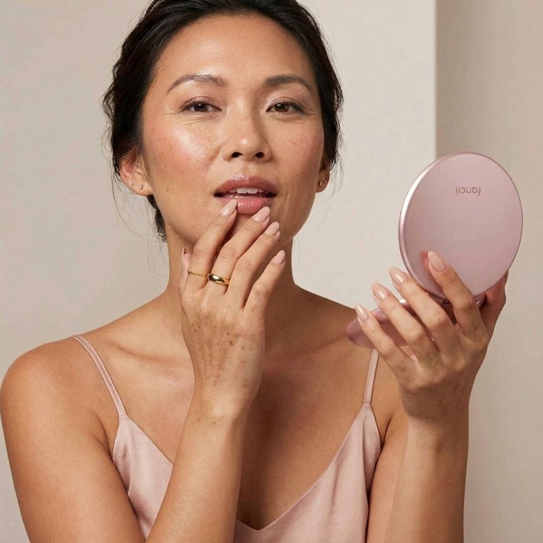 Abigail 10x Magnification Mirror, Taylor Lighted Compact Mirror in ROSE GOLD by Fancii & Co. 1x + 10x Magnification, 3 dimmable light settings, travel mirror.
