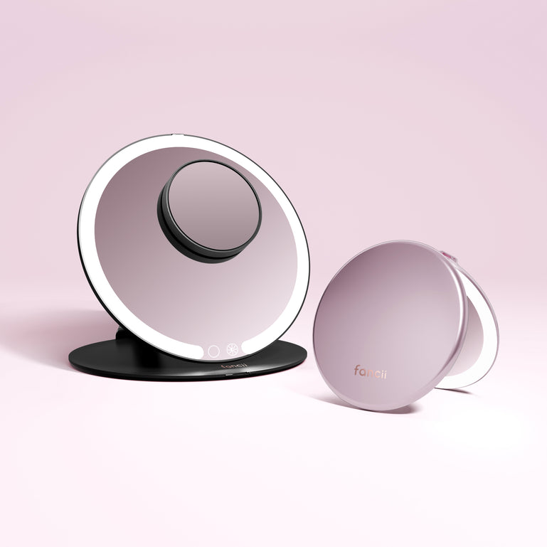 Travel Mirror and Taylor Lighted Compact by Fancii in ROSE GOLD Black / 10x Magnifying Mirror