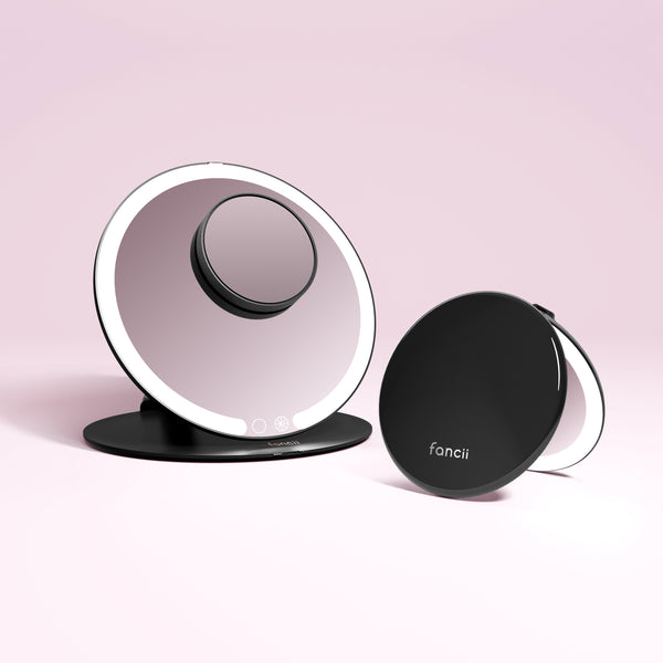 Travel Mirror and Taylor Lighted Compact by Fancii in Charcoal Chic with Abigail in Black

CHARCOAL CHIC Black / 10x Magnifying Mirror
