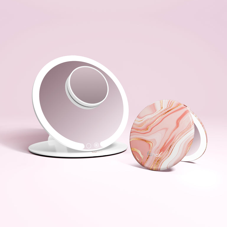 Travel Light Set Featuring Abigail Travel Mirror and Taylor Lighted Compact by Fancii in MARBLE ROSÈ White / 10x Magnifying Mirror
