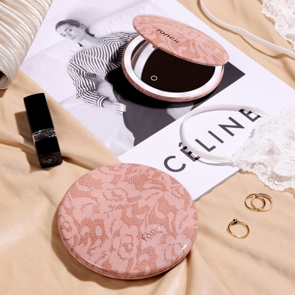 Mini Taylor Lighted Led Compact with 1x and 10x Magnification by Fancii & Co. in Mocha Lace